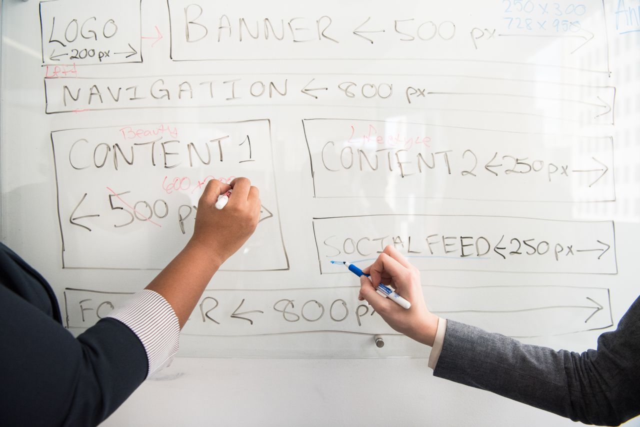 Home Two people collaboratively planning on a whiteboard with creative strategy.