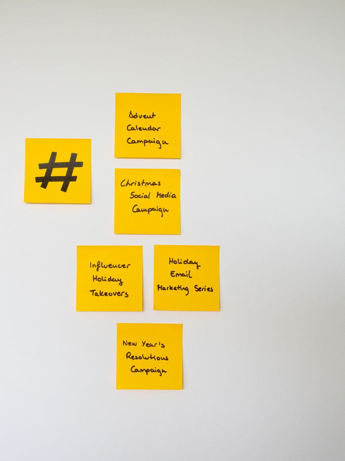 Services Yellow sticky notes with handwritten marketing campaign ideas on a wall.