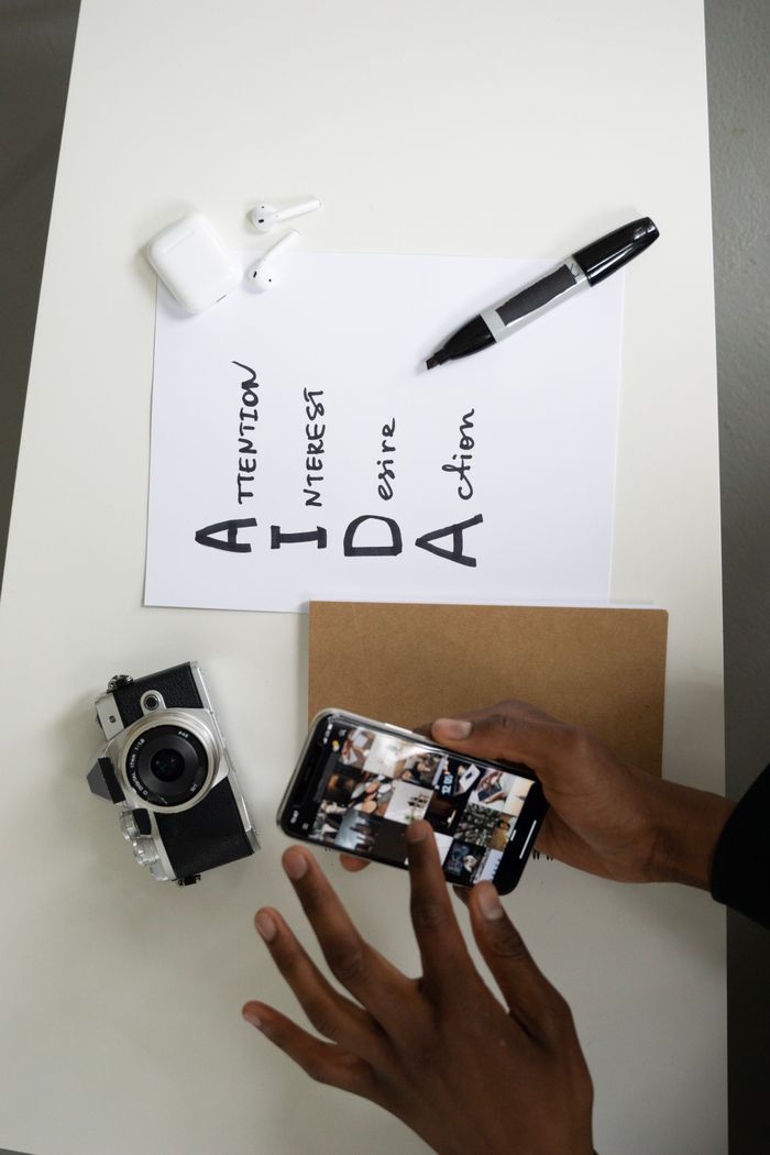 Services Flat lay of camera, smartphone, and AIDA marketing text on a desk.